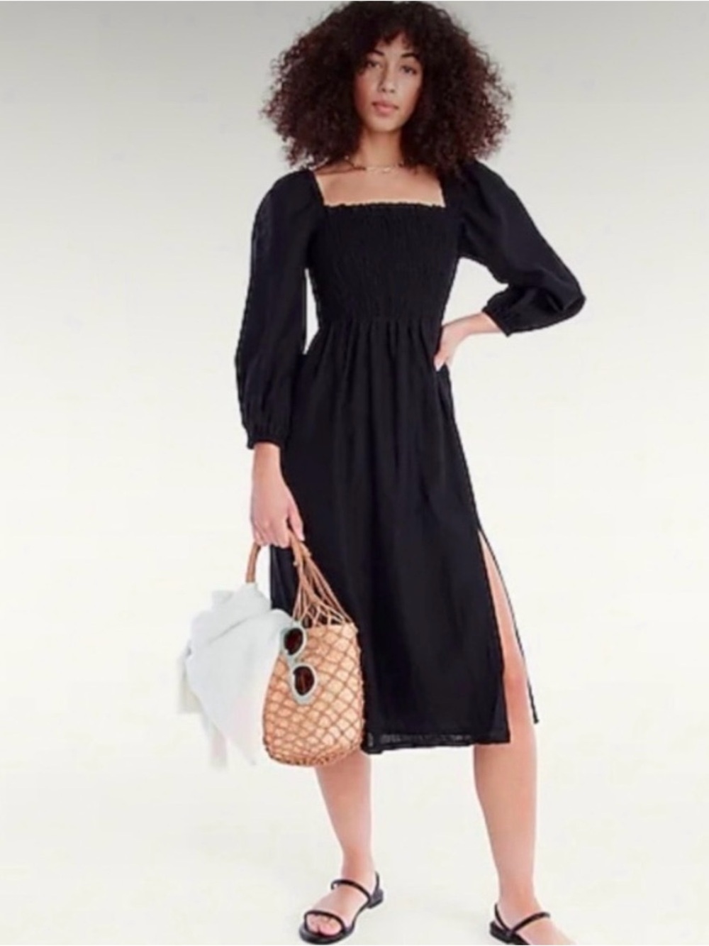 J. Crew Women’s Linen Black Smocked Square-Neck Midi Dress, Size Medium
